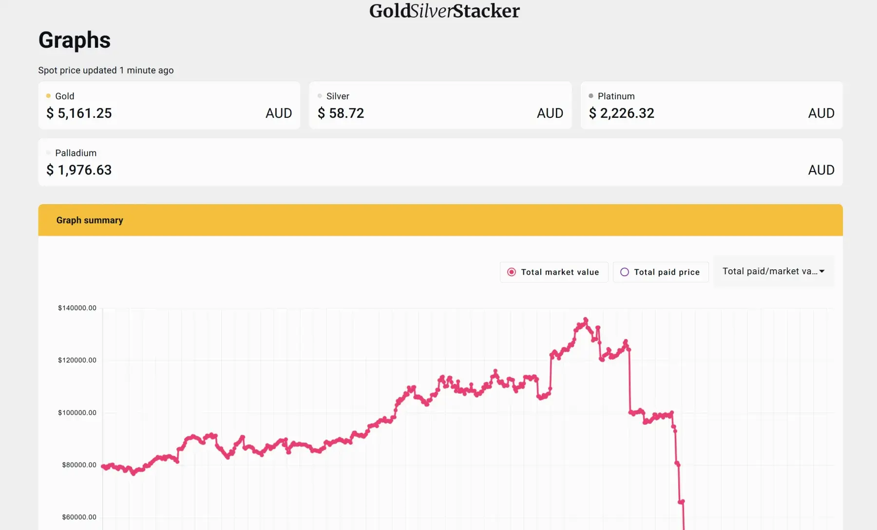 Portfolio value graph showing market value vs paid price over time