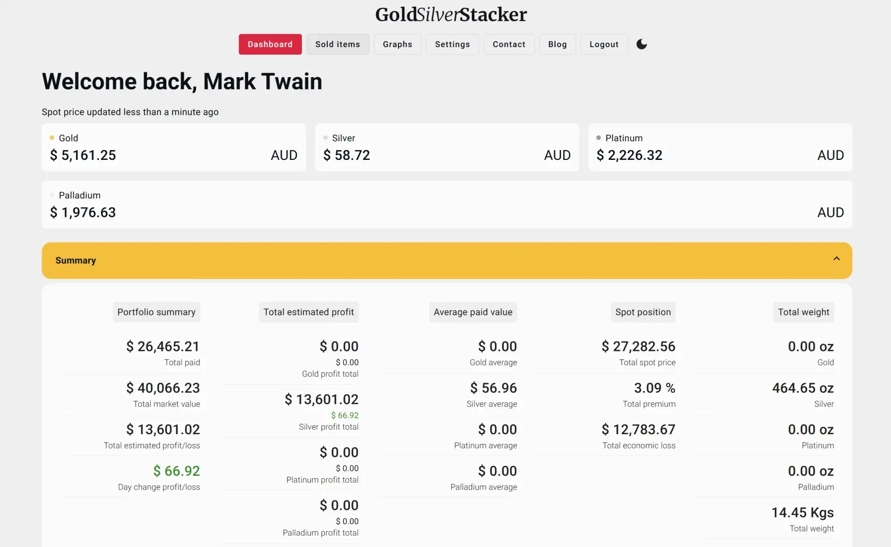 GoldSilverStacker homepage with live precious-metals pricing and portfolio dashboard