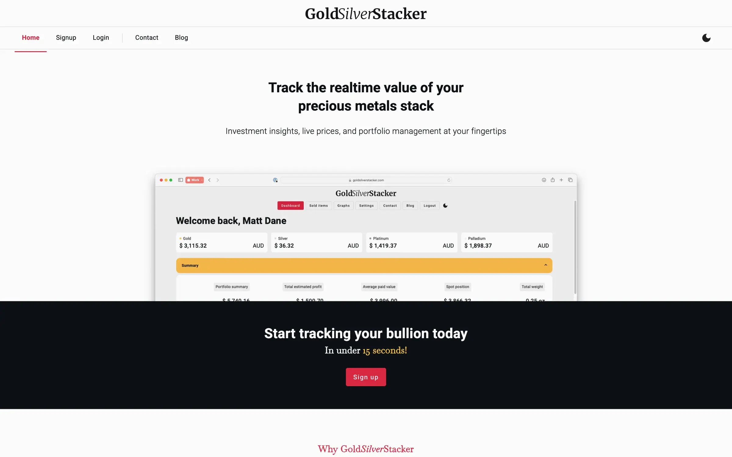 GoldSilverStacker landing page previewing the live precious-metals dashboard