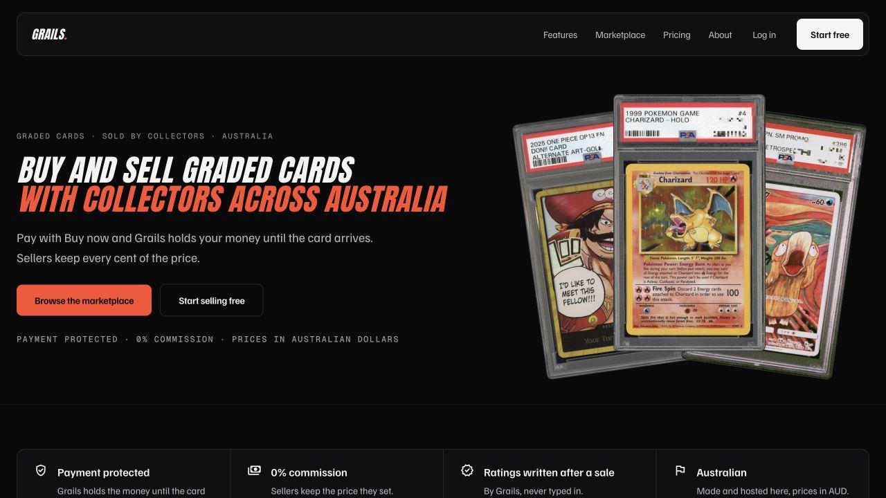 Grails homepage with graded-card photography, marketplace positioning and buyer protection information