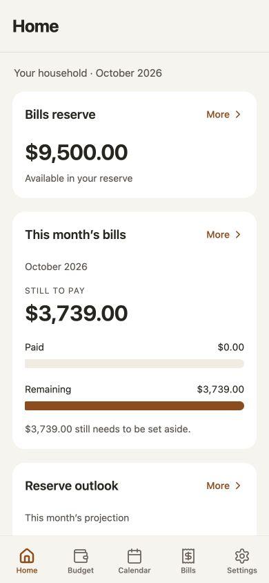 LeftOver phone overview with reserve and monthly bills cards, using fictional sample data