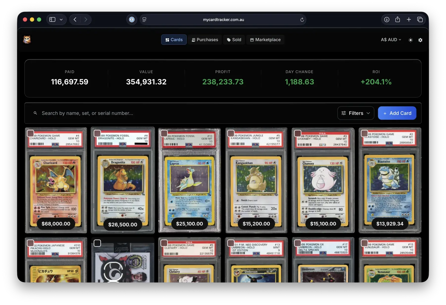 MyCardTracker dashboard showing collection overview with card grid, total value, profit, and ROI