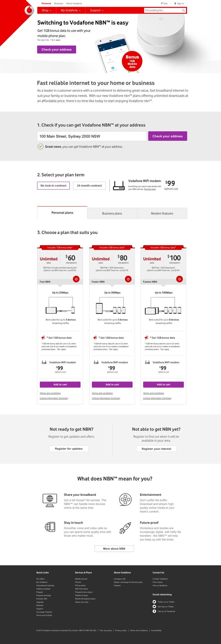 Interface design for the Vodafone NBN plan page