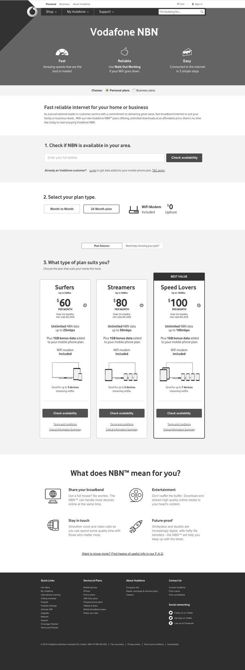 Wireframe for the Vodafone NBN plan page