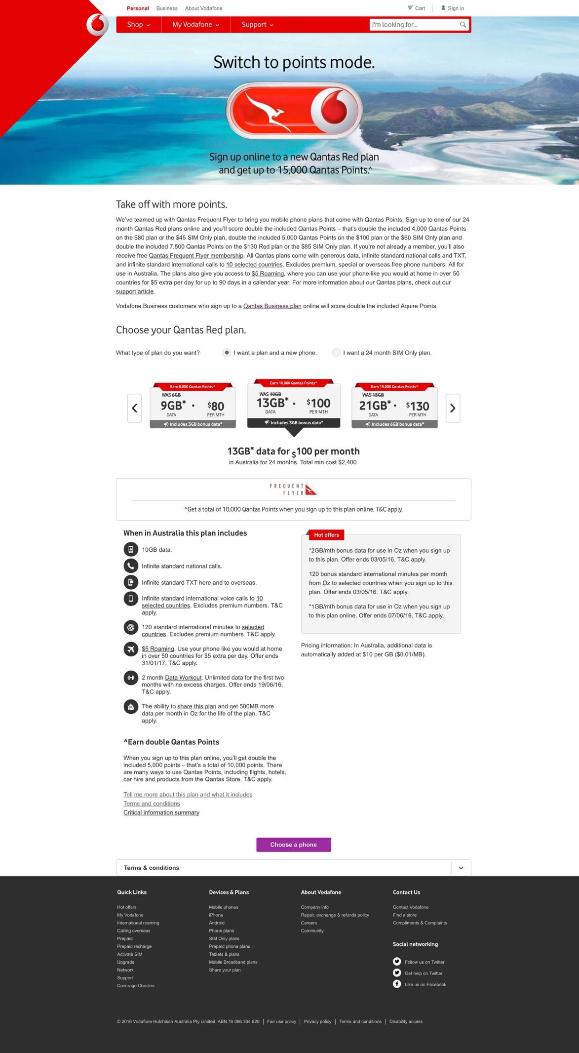 Vodafone Qantas campaign landing page