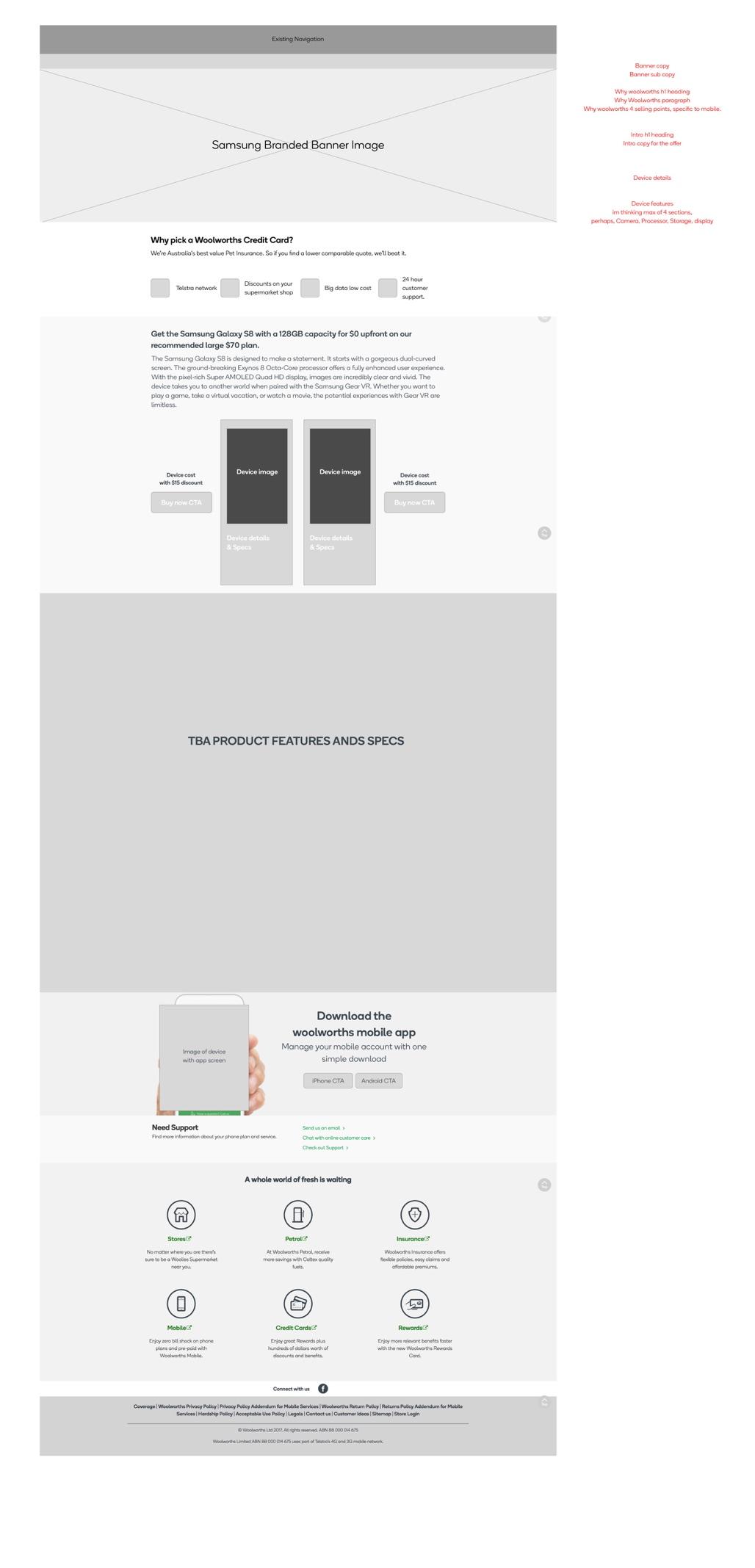 Interface design for the Woolworths Mobile Galaxy S8 campaign page