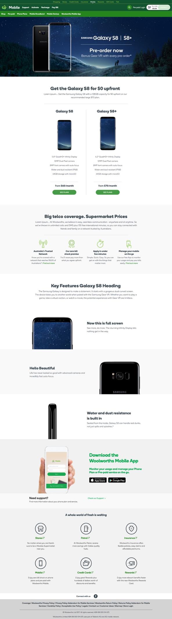 Wireframe for the Woolworths Mobile Galaxy S8 campaign page