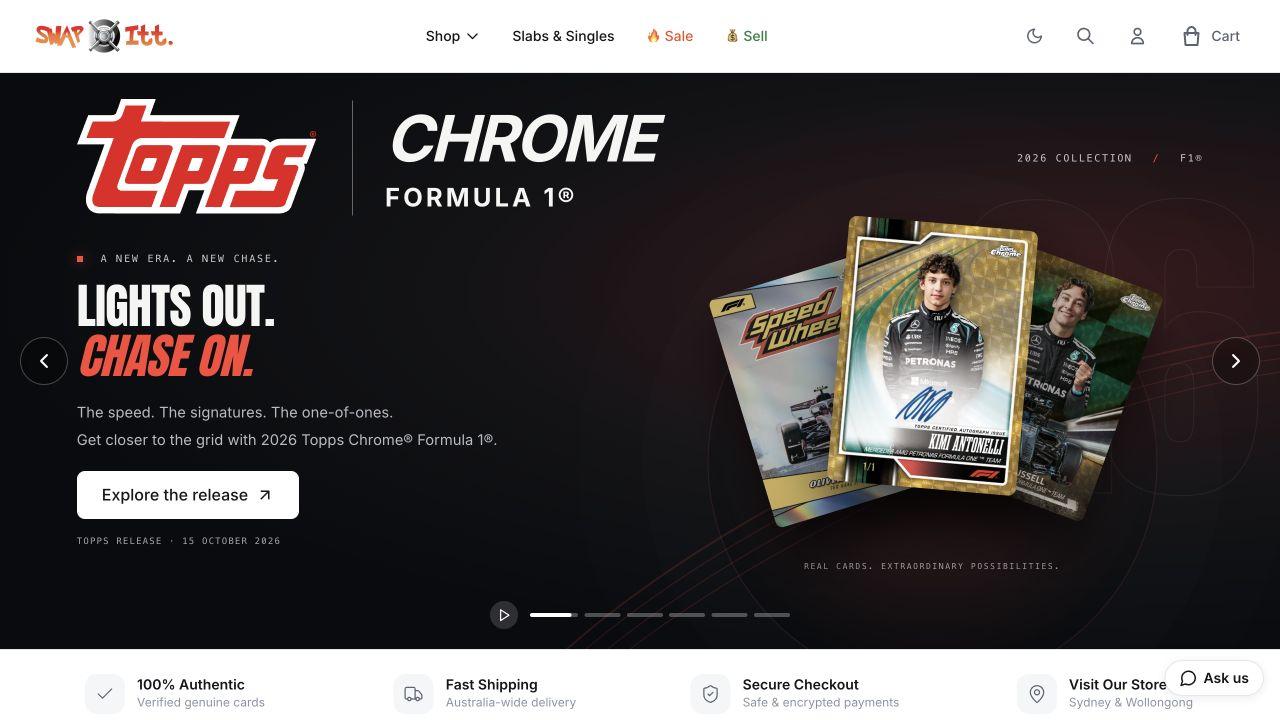 Swapitt storefront with the Topps Chrome Formula 1 campaign and retail trust information