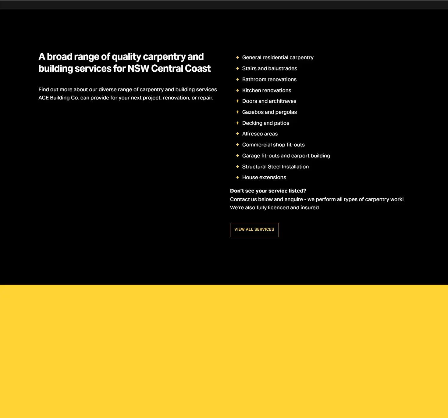 Old services page with dark background and plain bullet list