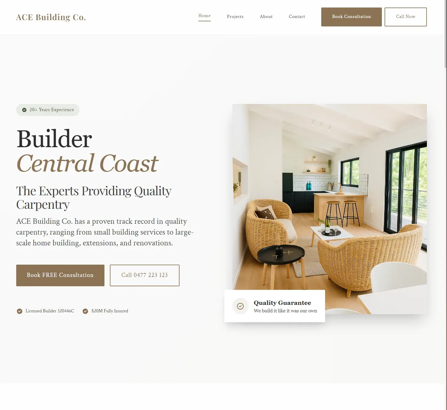 Ace Building Co. new homepage with clean premium design
