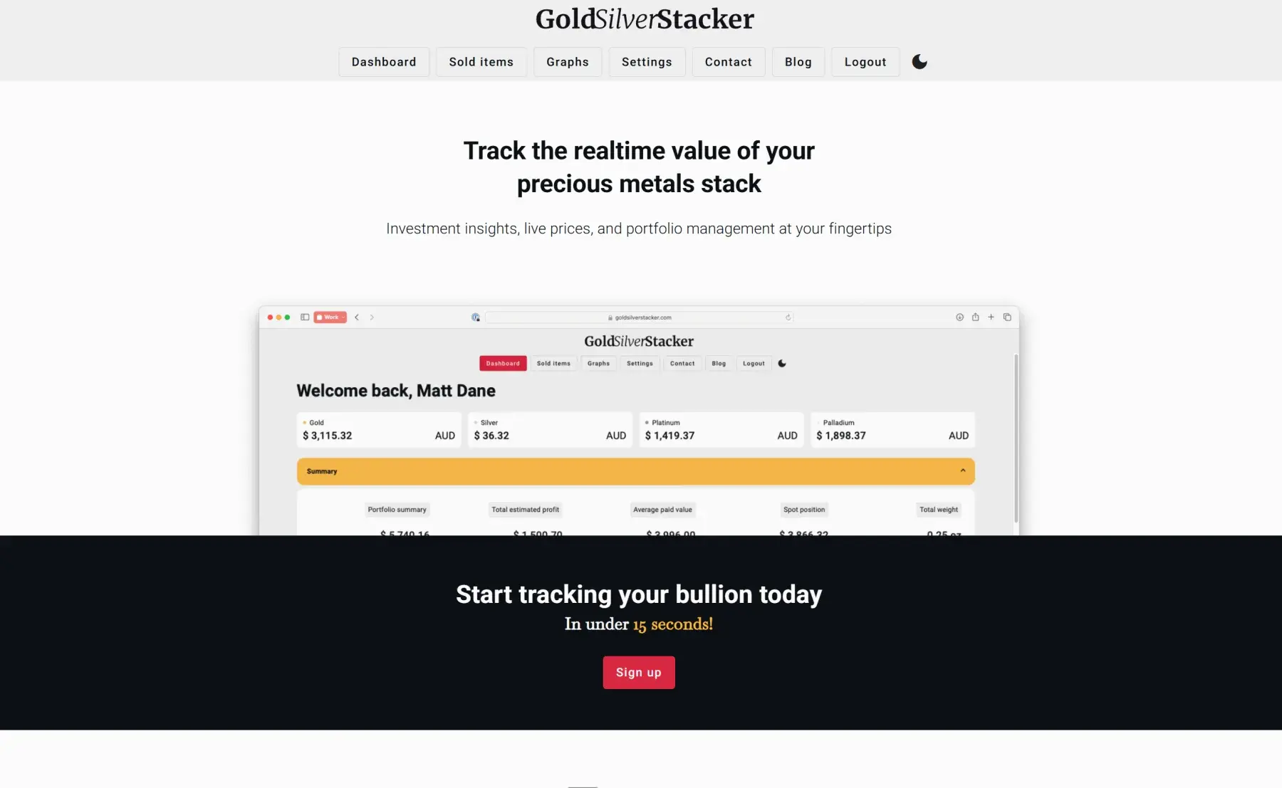 GoldSilverStacker landing page with live dashboard preview