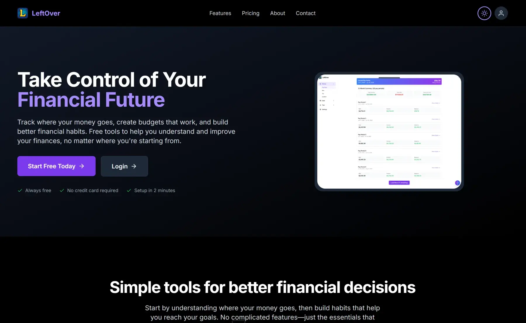 LeftOver landing page showing Take Control of Your Financial Future