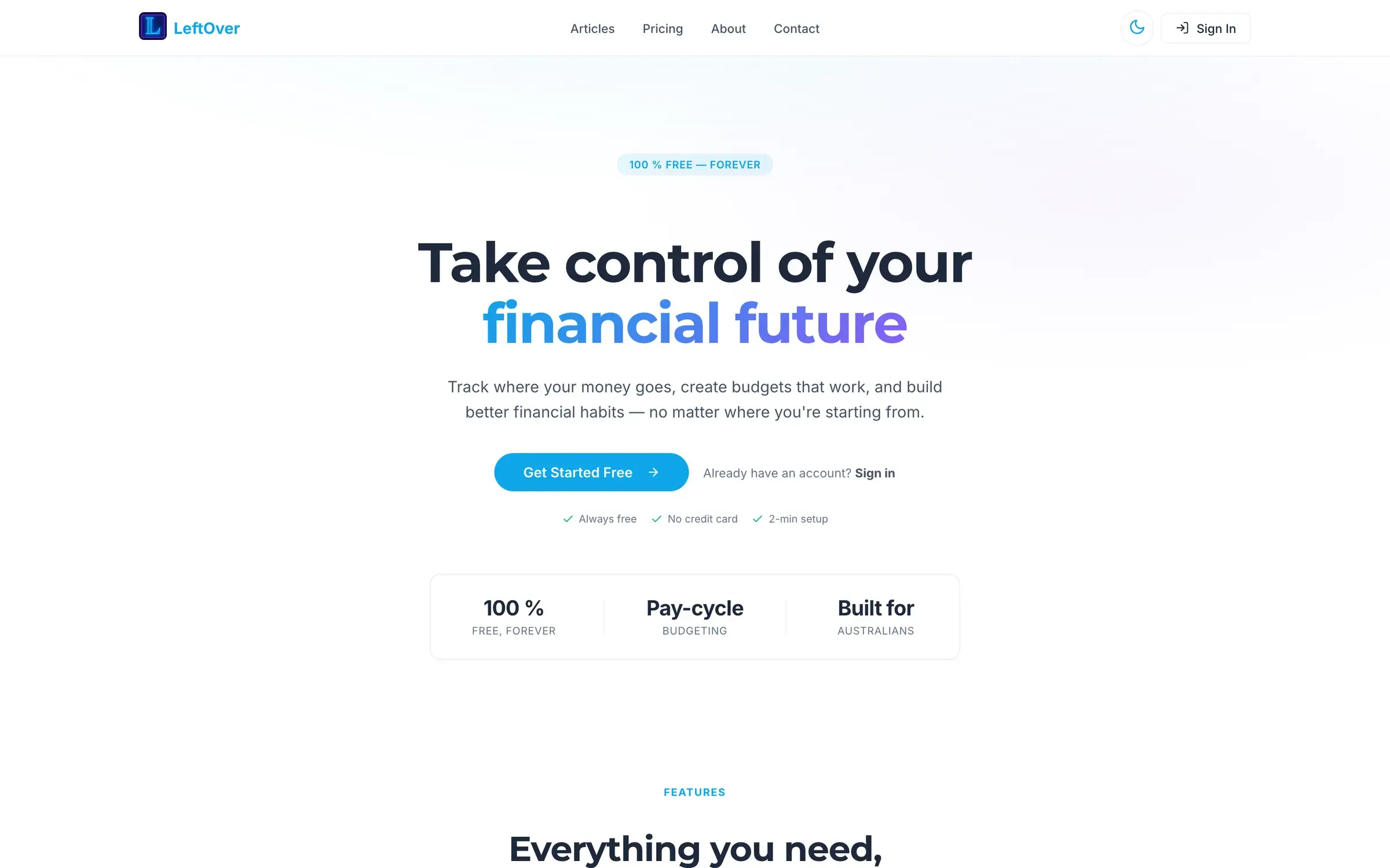 LeftOver landing page with its pay-cycle budgeting positioning