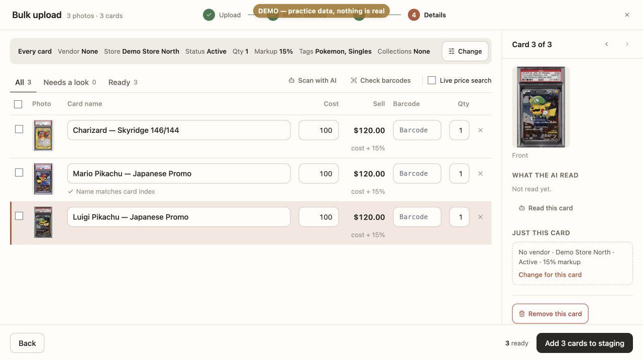Demo batch uploader with three sample cards, editable names, costs and readiness checks.