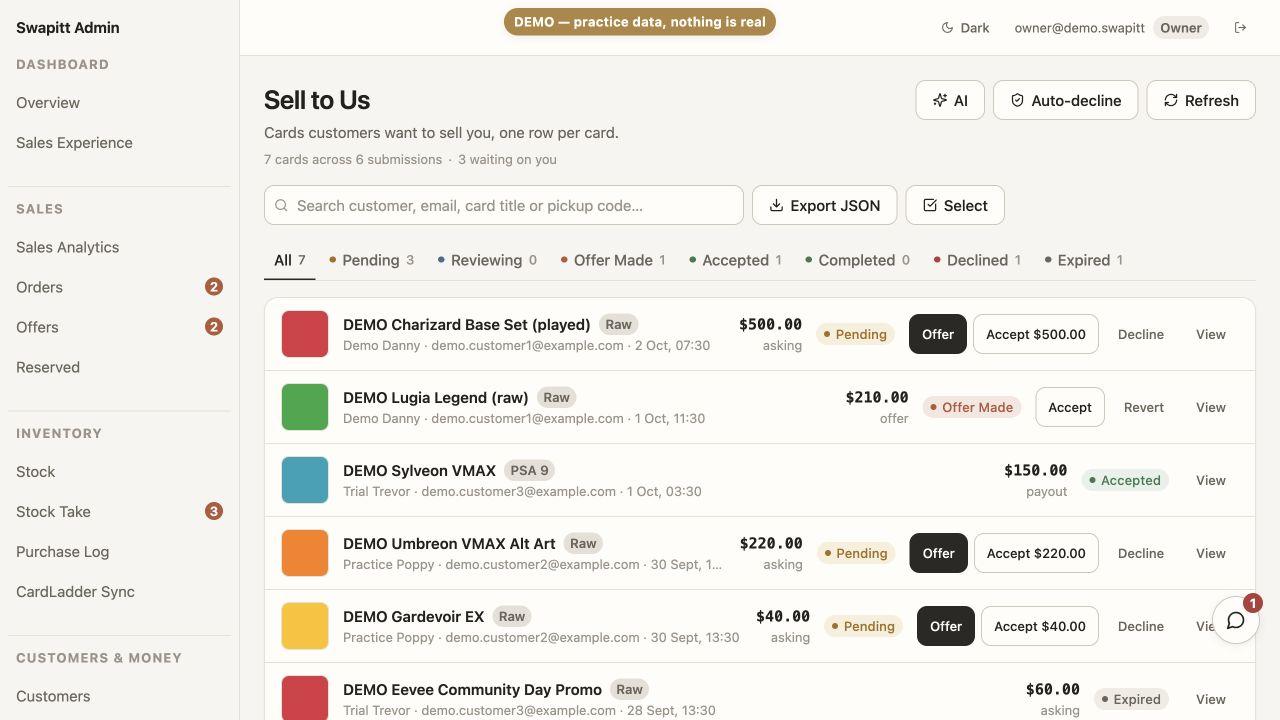 Demo Sell to Us queue with fictional customers and per-card offer statuses.