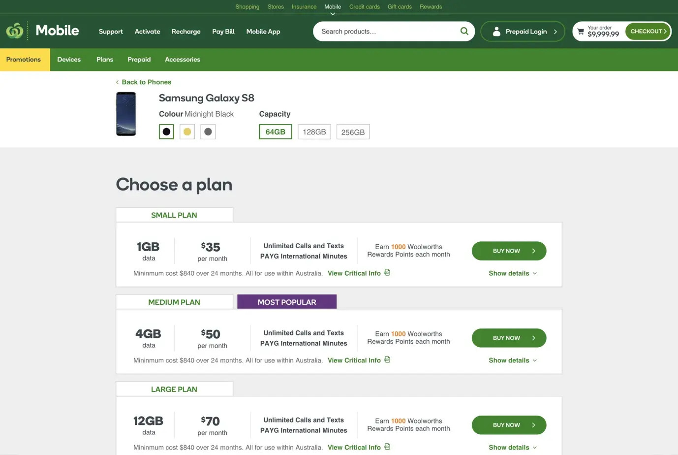 The existing Woolworths Mobile plan page, showing the Samsung Galaxy S8 with Small, Medium and Large plan options