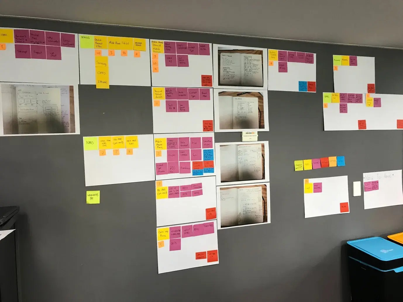 A wall of printed page layouts and coloured feature cards, breaking the site down section by section