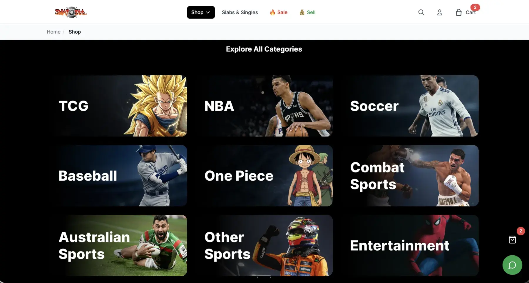 Swapitt category browsing page with visual tiles for each sport and franchise