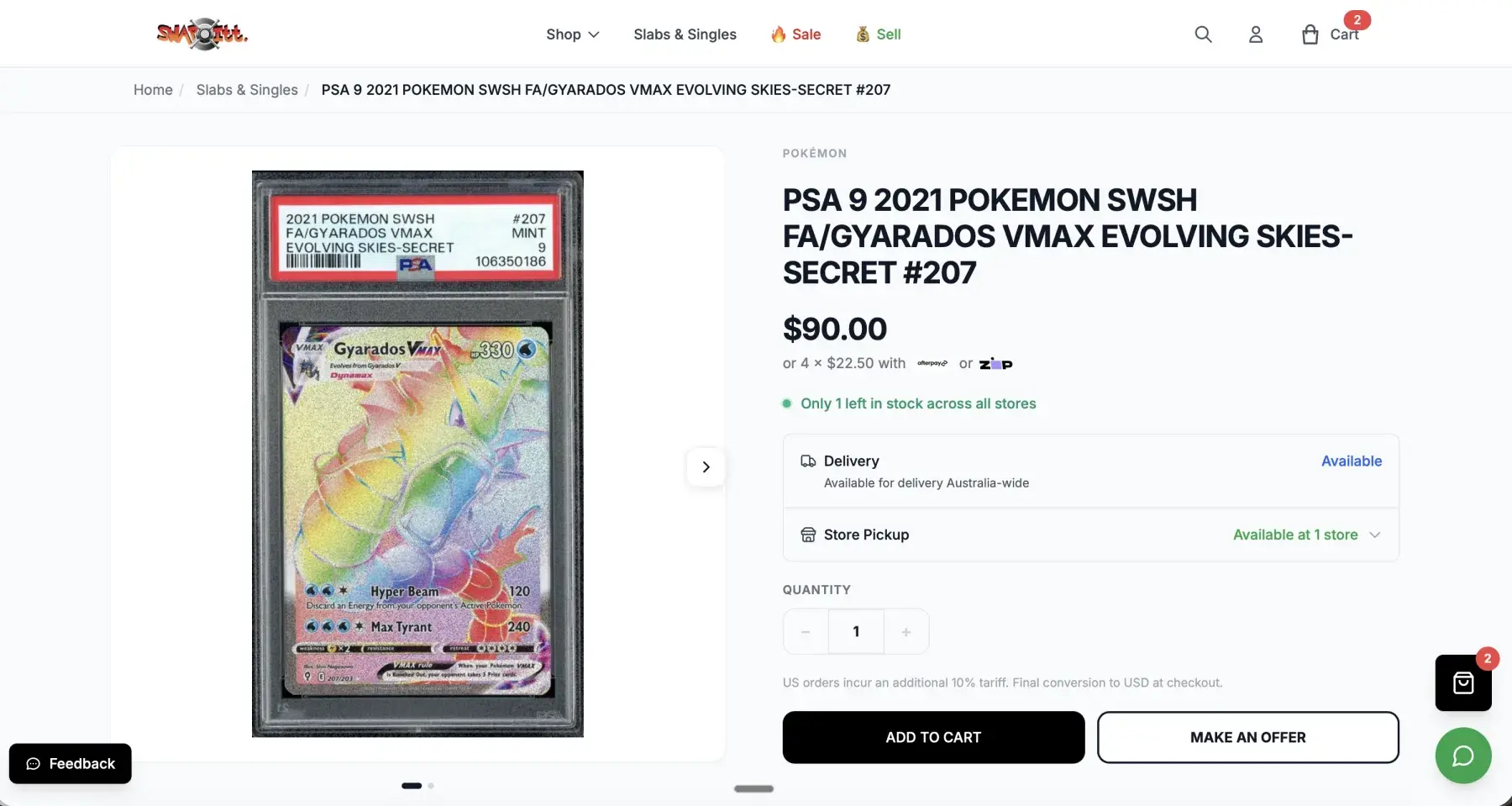 Swapitt product detail page showing a PSA graded slab with Make an Offer button and store pickup options