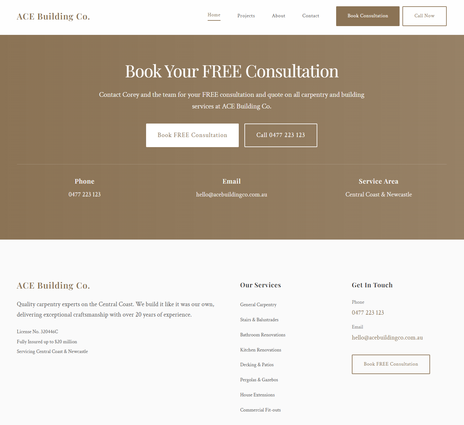 New contact section with clear CTAs and full footer