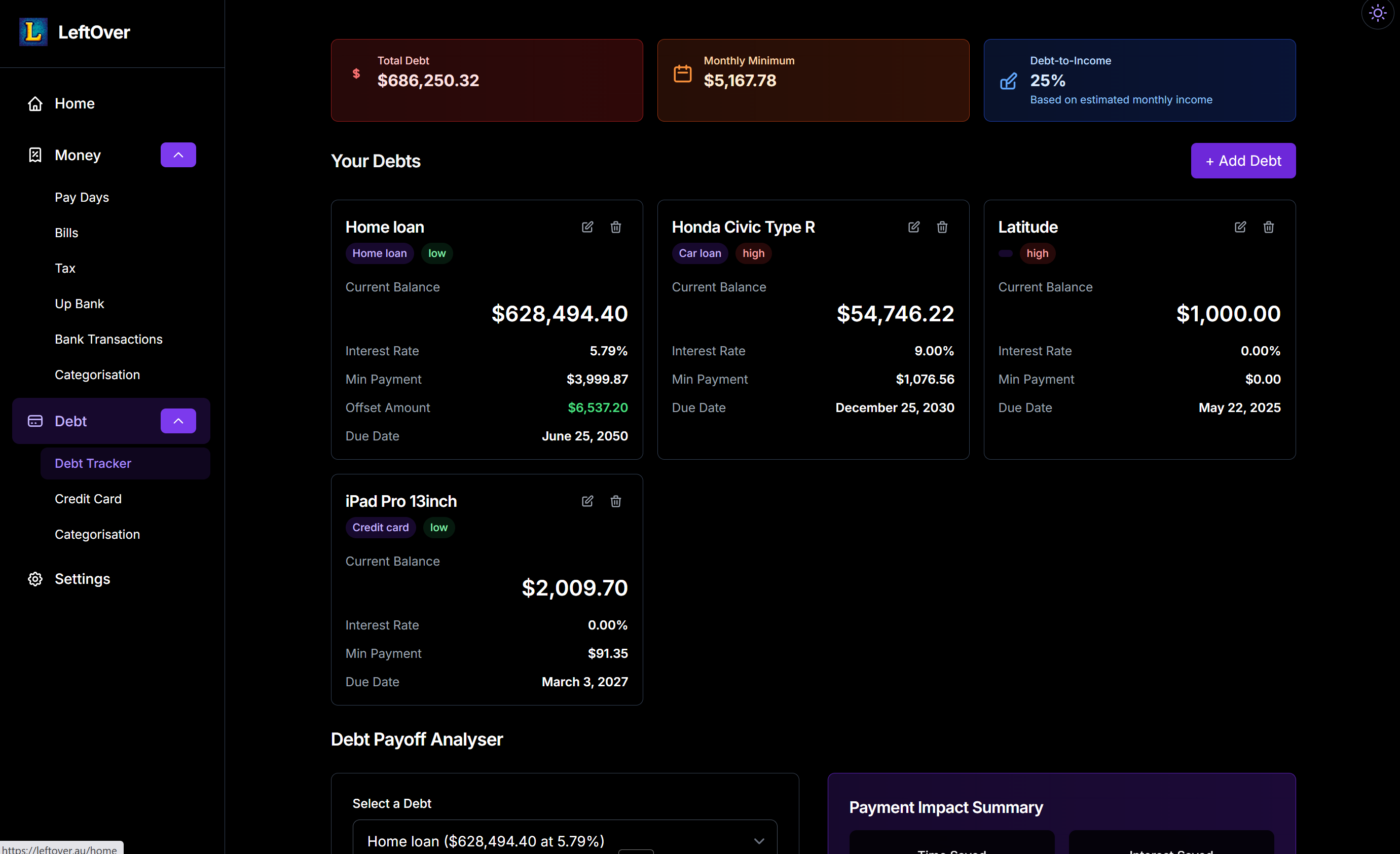 Debt tracker showing home loan, car loan, and credit card with balances and interest rates