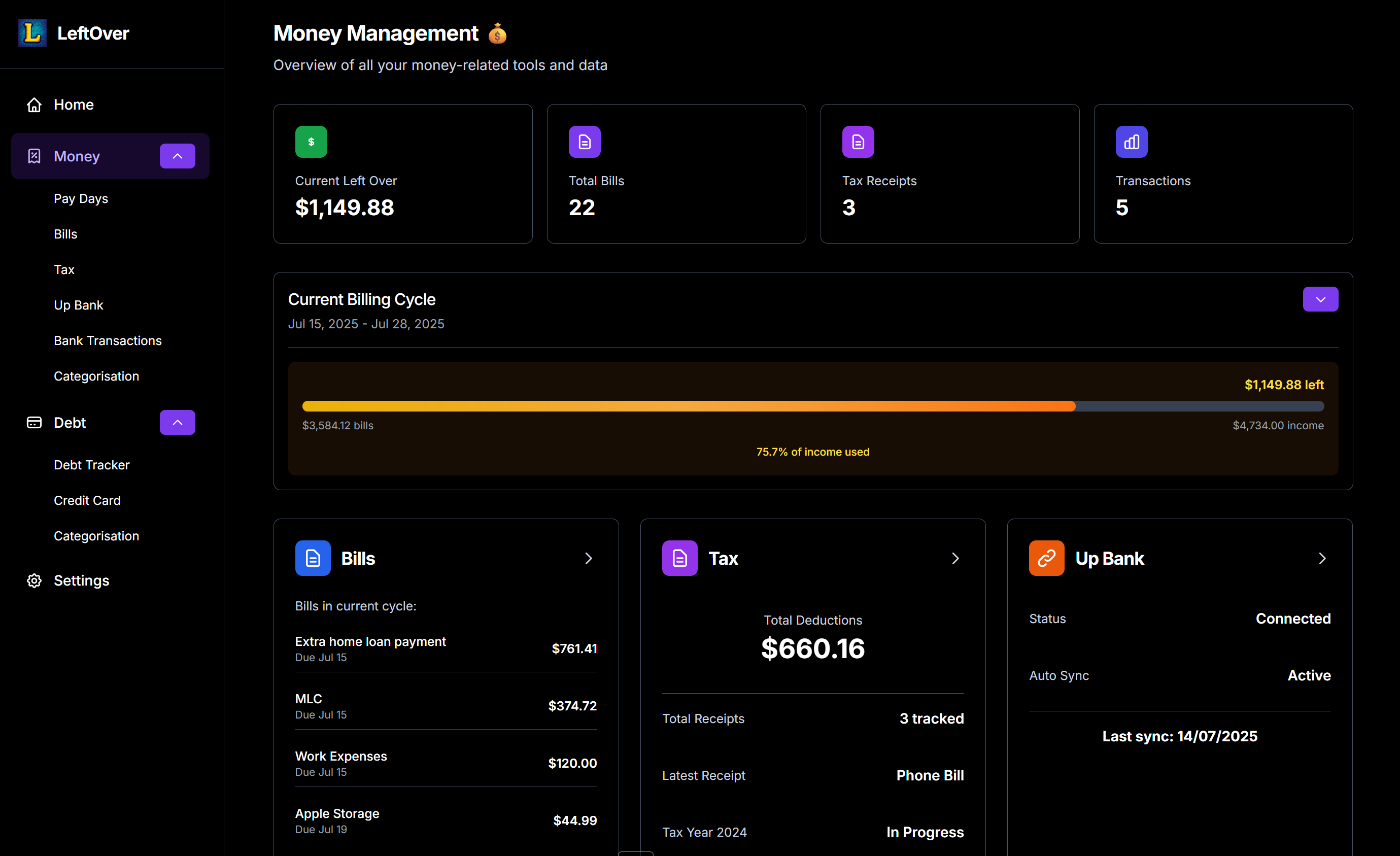 LeftOver money management dashboard showing billing cycle, bills, tax receipts, and bank connection