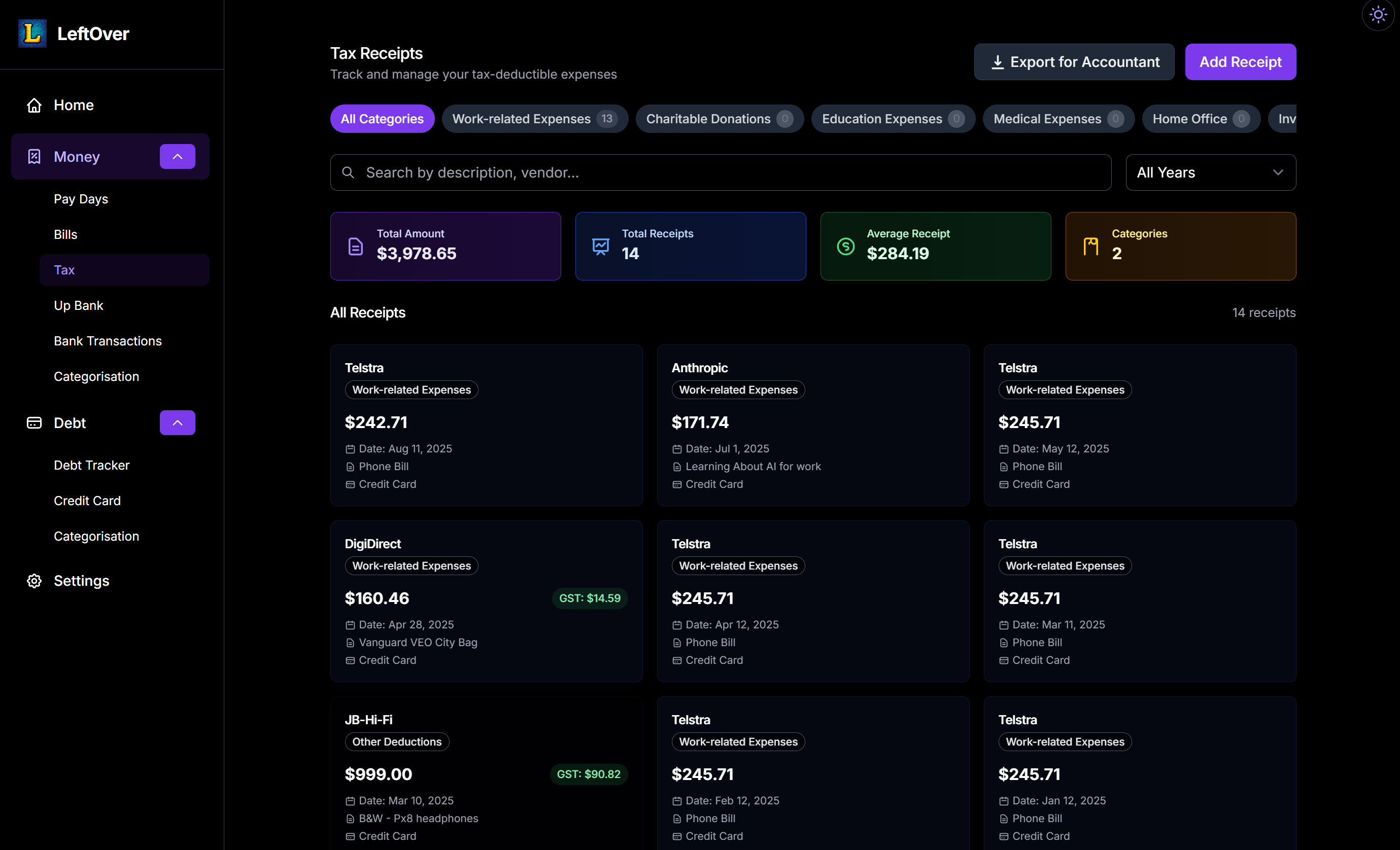 Tax receipts view showing categorised deductible expenses with export functionality