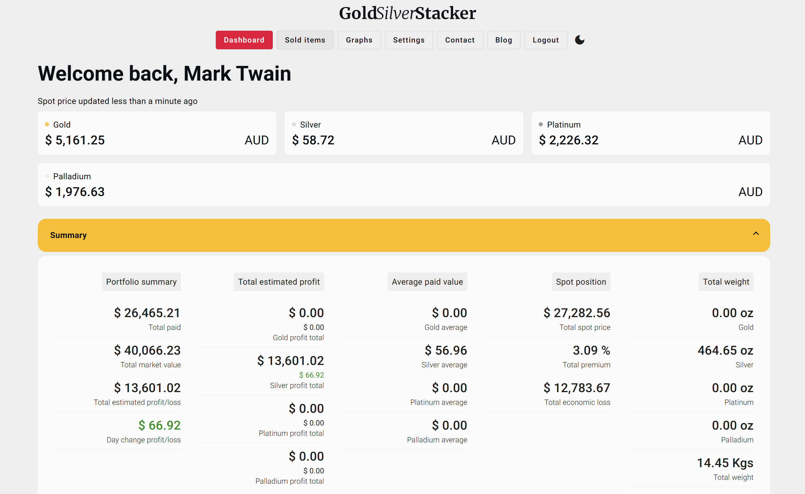 GoldSilverStacker dashboard showing live spot prices, portfolio summary, and profit breakdown