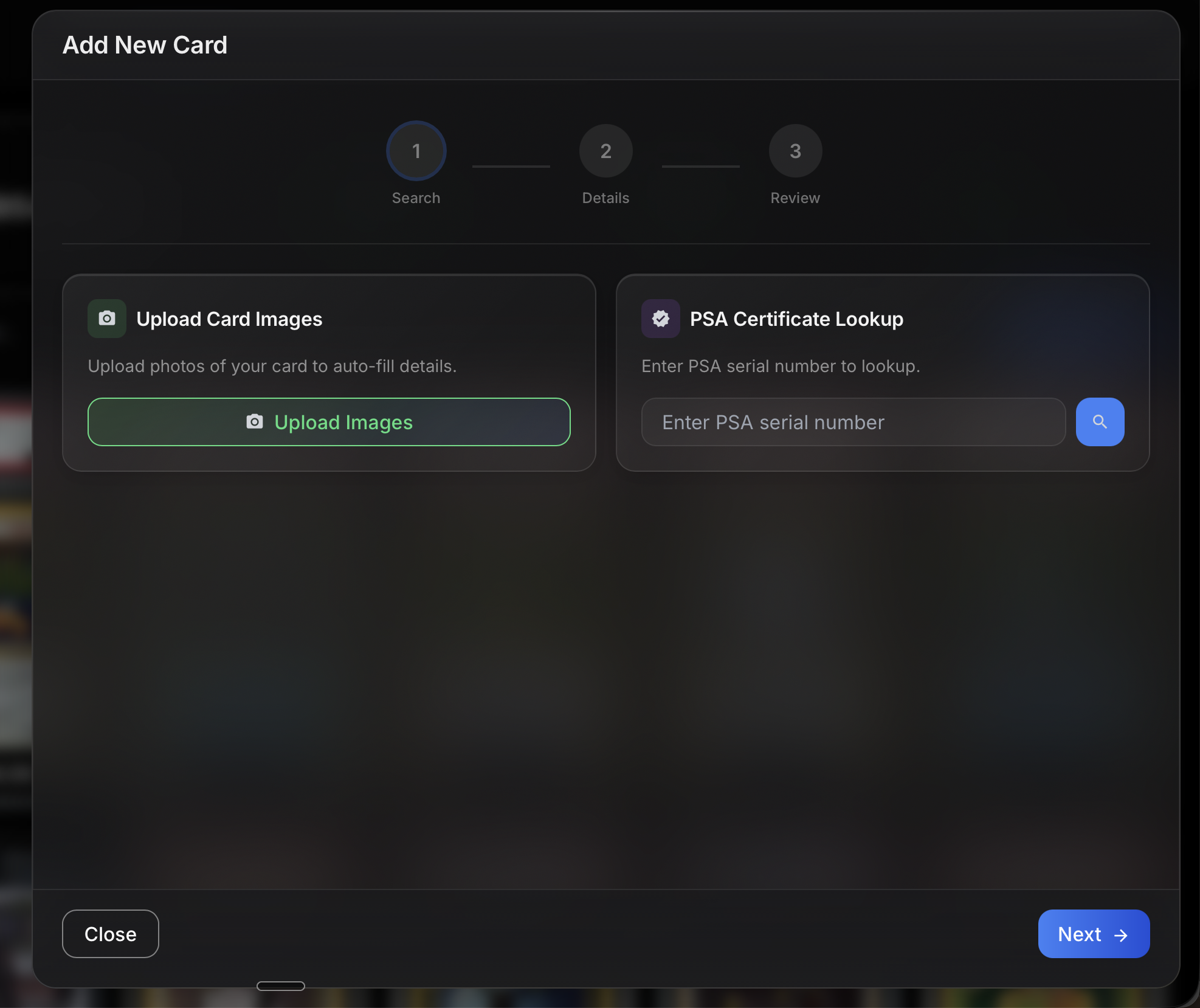 Add New Card wizard with image upload and PSA certificate lookup options