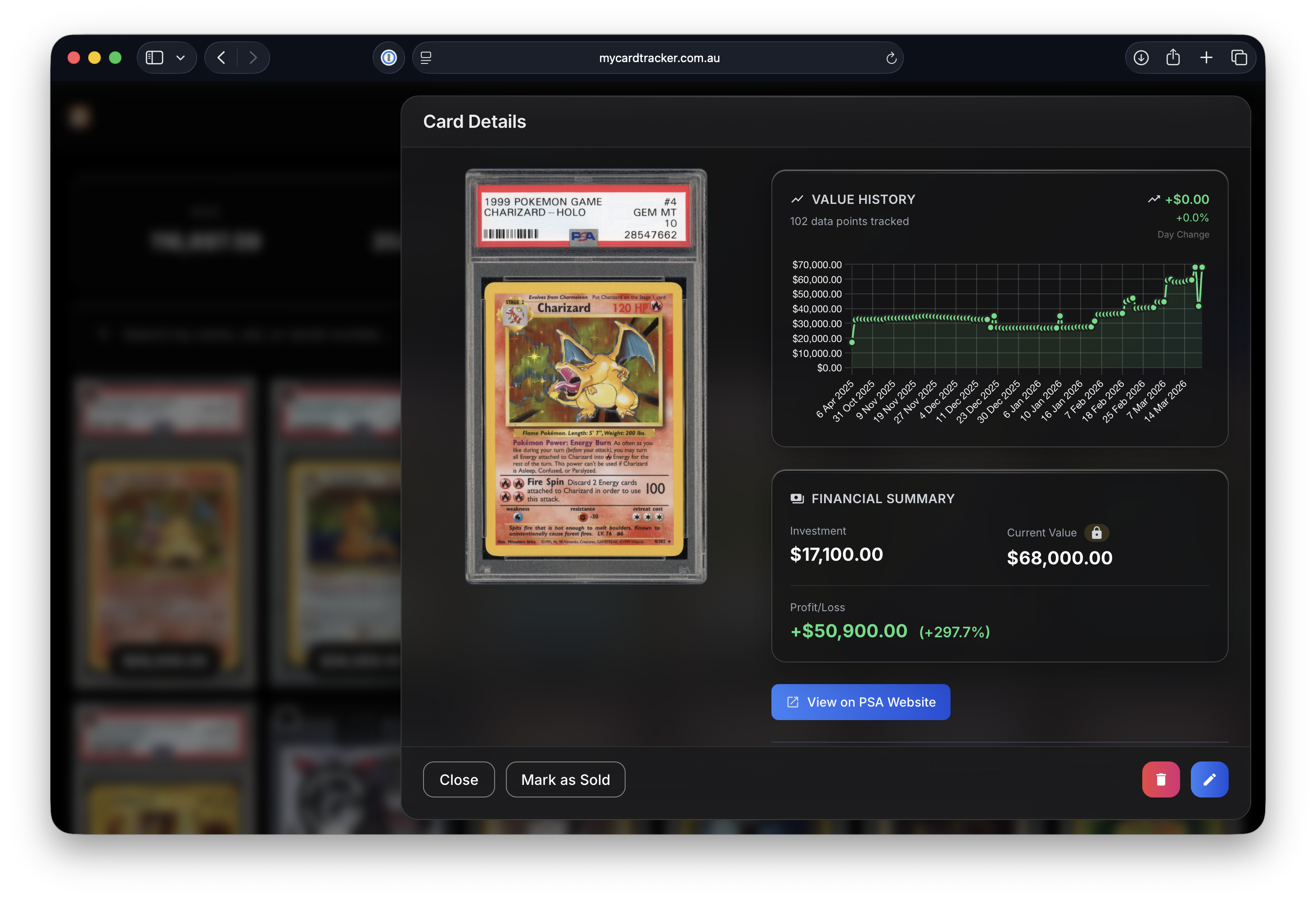 Card detail view showing a PSA 10 Charizard with value history chart and financial summary