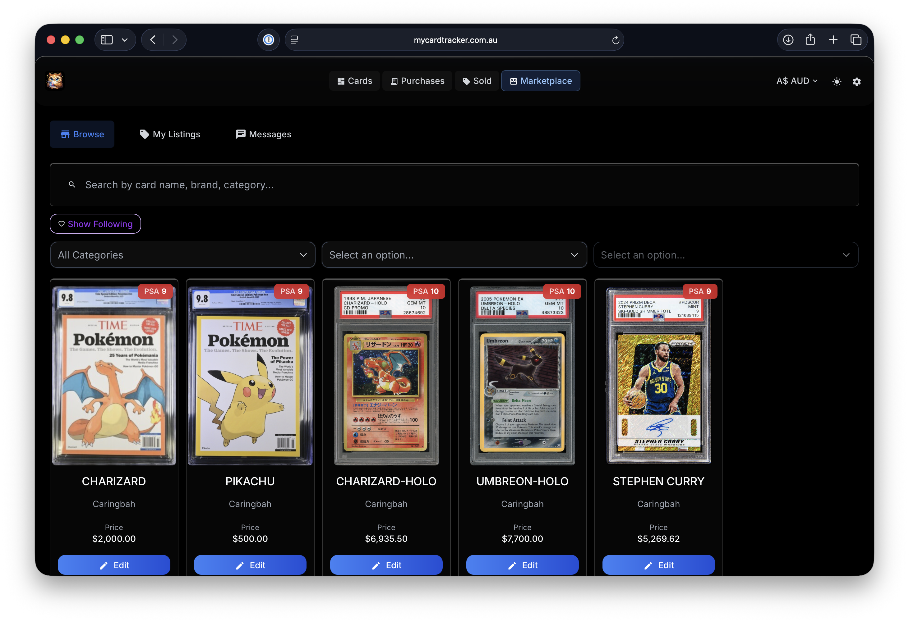 MyCardTracker marketplace showing listed cards with PSA grades, prices, and location