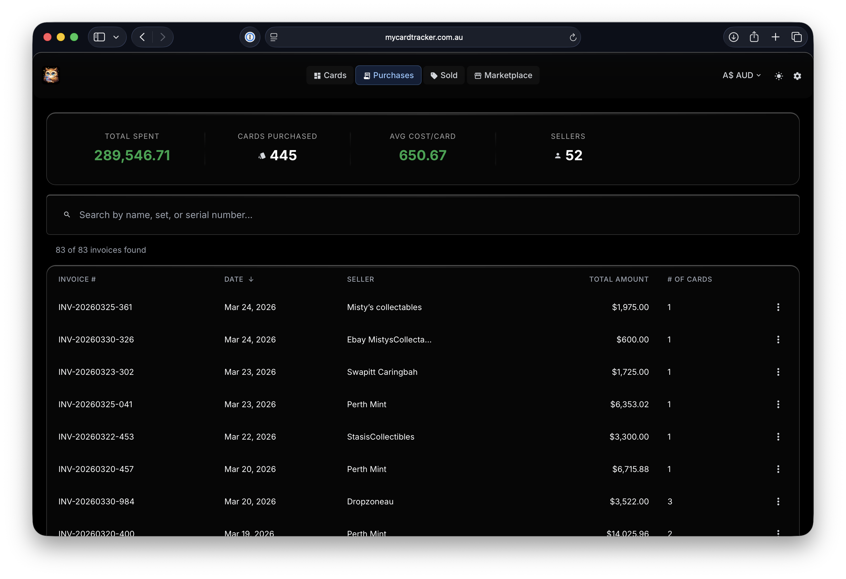 Purchase invoices view showing total spent, cards purchased, average cost, and seller breakdown