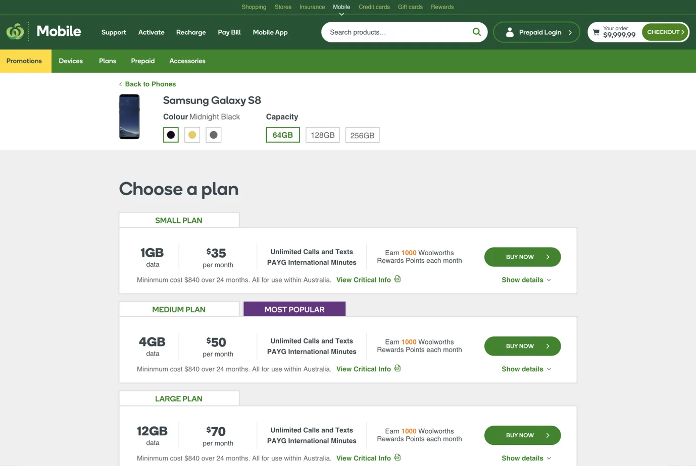 The existing Woolworths Mobile plan page, showing the Samsung Galaxy S8 with Small, Medium and Large plan options